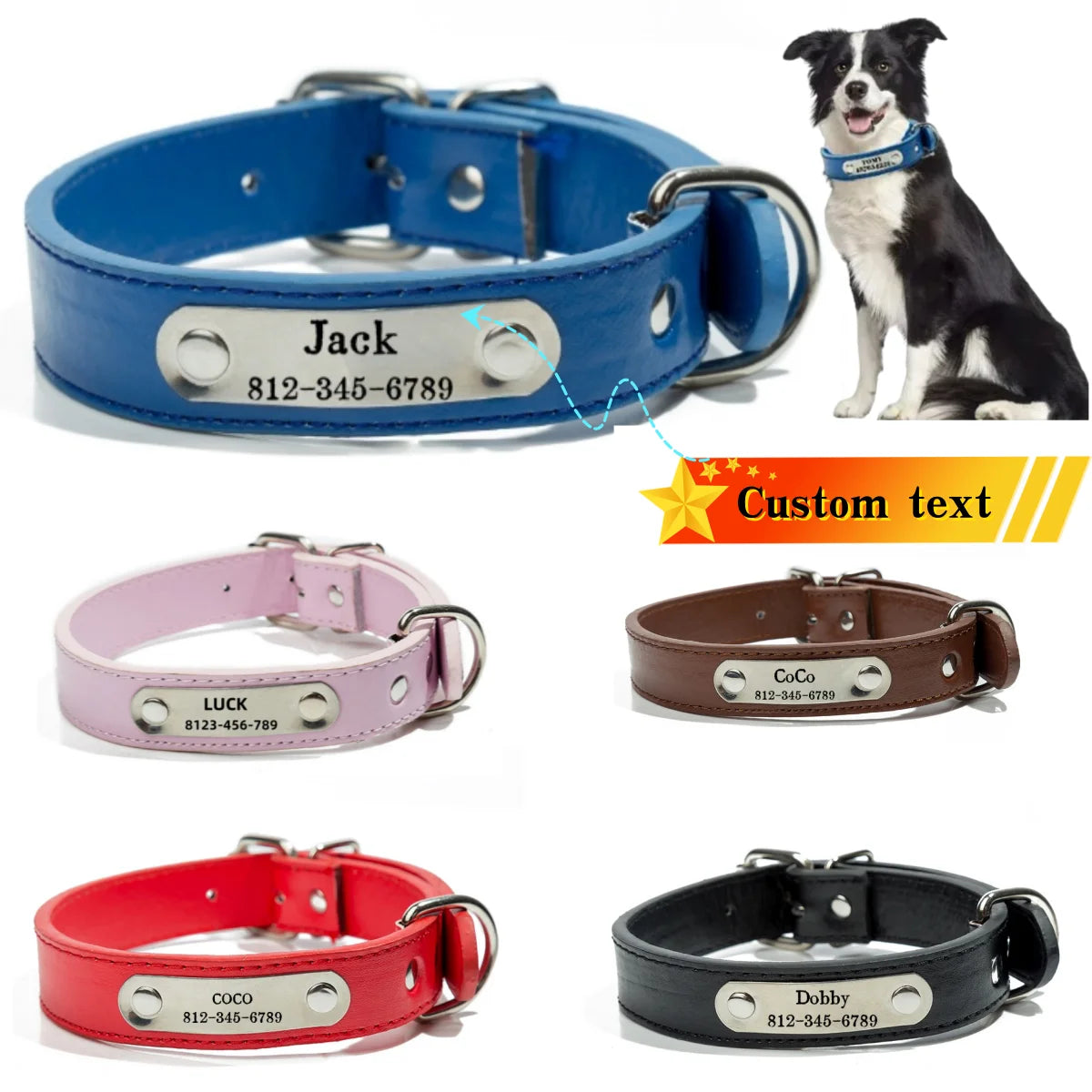 Personalized Name Carved Dog Collar ID Tag Anti-lost Solid PU Leather Collar For Small Medium Large Dogs Puppy Cat Pet Supplies