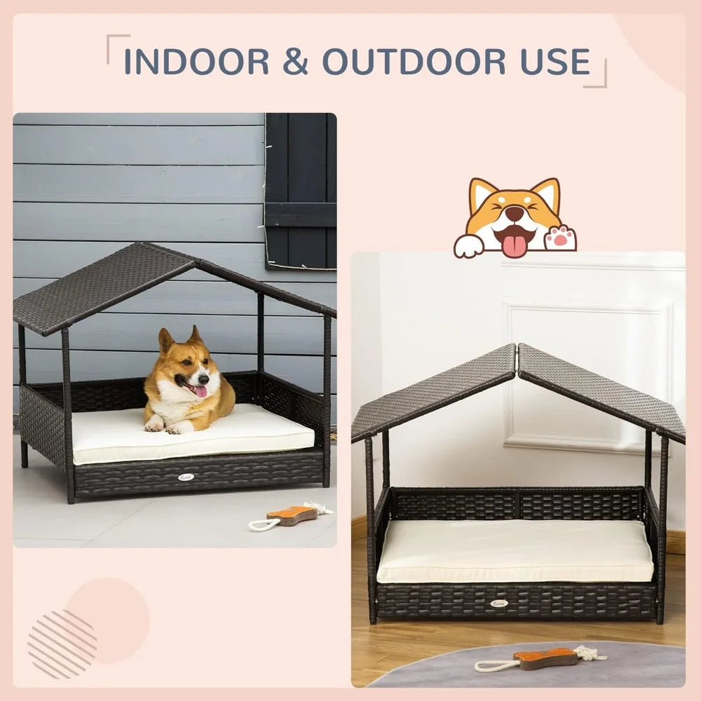Wicker Dog House Outdoor with Canopy, Rattan Dog Bed with Water-Resistant Cushion, Raised Dog Bed for Small, Medium Dogs