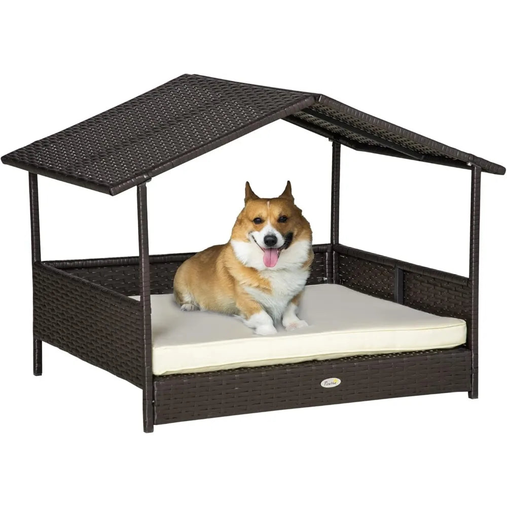 Wicker Dog House Outdoor with Canopy, Rattan Dog Bed with Water-Resistant Cushion, Raised Dog Bed for Small, Medium Dogs