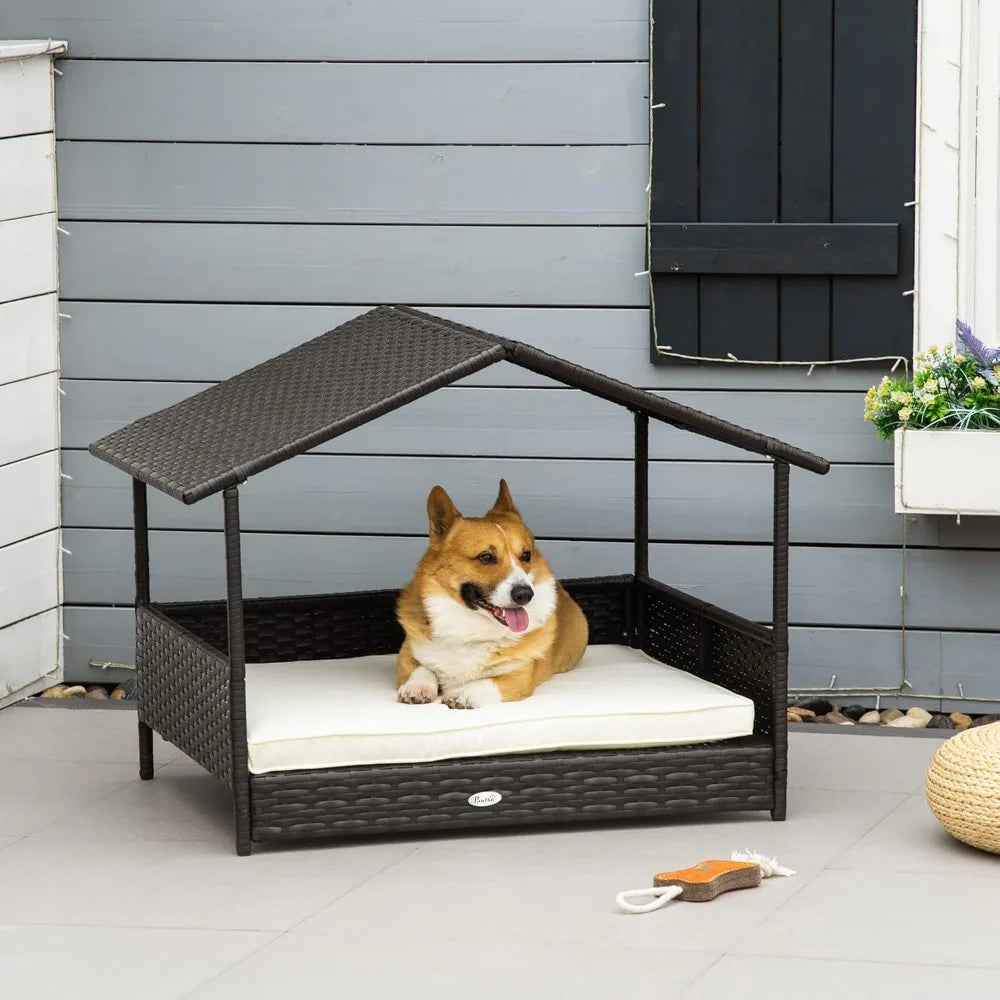 Wicker Dog House Outdoor with Canopy, Rattan Dog Bed with Water-Resistant Cushion, Raised Dog Bed for Small, Medium Dogs