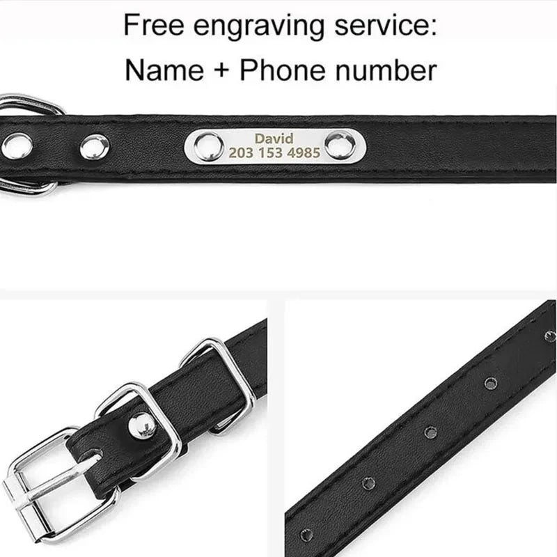 Personalized Name Carved Dog Collar ID Tag Anti-lost Solid PU Leather Collar For Small Medium Large Dogs Puppy Cat Pet Supplies