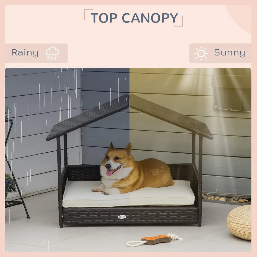 Wicker Dog House Outdoor with Canopy, Rattan Dog Bed with Water-Resistant Cushion, Raised Dog Bed for Small, Medium Dogs