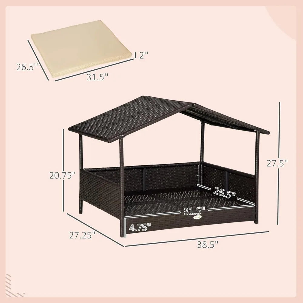 Wicker Dog House Outdoor with Canopy, Rattan Dog Bed with Water-Resistant Cushion, Raised Dog Bed for Small, Medium Dogs