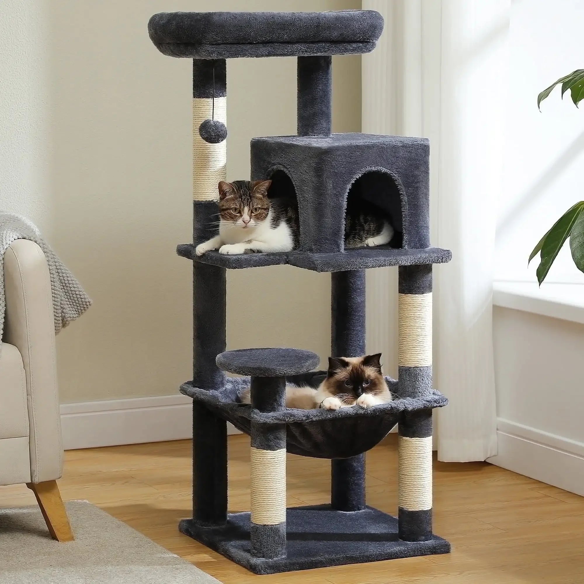69" Cat Tree for Large Indoor Cats Multi-Level Cat Condo with Large Hammock Perch and 5 Scratching Posts